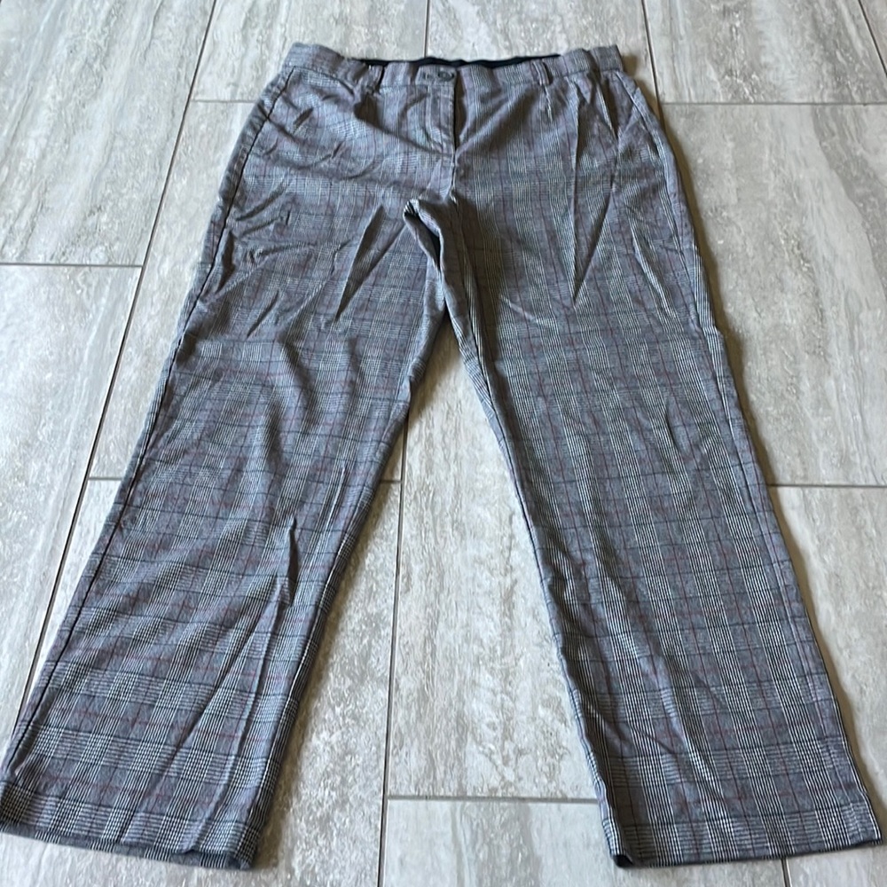 Tradition gray with red pinstripe,straight leg,flat front long pants for women